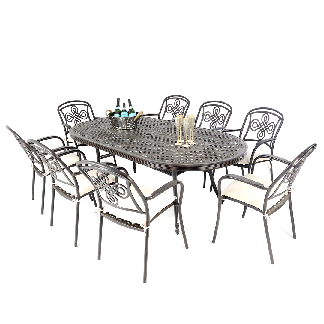 8 Seat Cast Aluminium Outdoor Dining Sets Cast Aluminium 213 X106cm Large Oval Table With 8 Brompton Chairs Autumn Rust